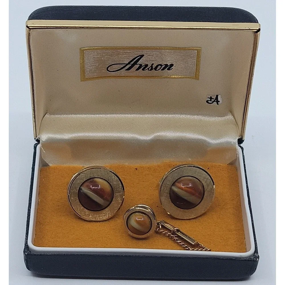 VINTAGE ANSON MID CENTURY GOLD TONE CATS EYE CUFFLINKS & TIE PIN ORIGINAL BOX